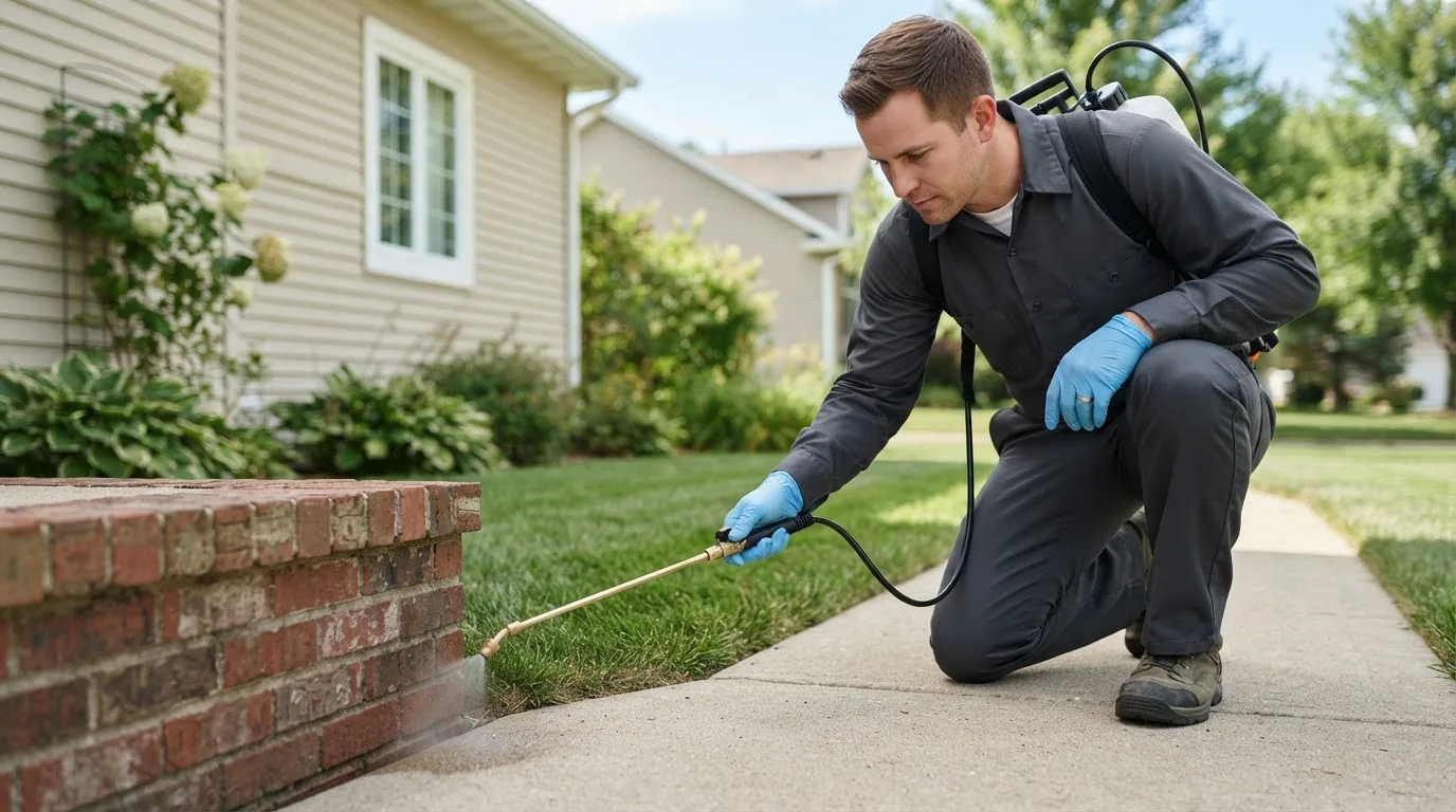 Pest control technician treating a home near Plymouth, UT