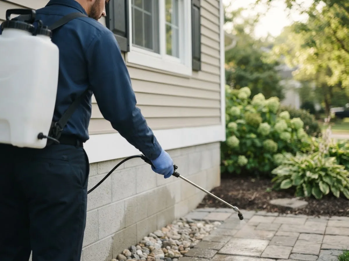 Pest control technician inspecting a home in Plymouth, UT